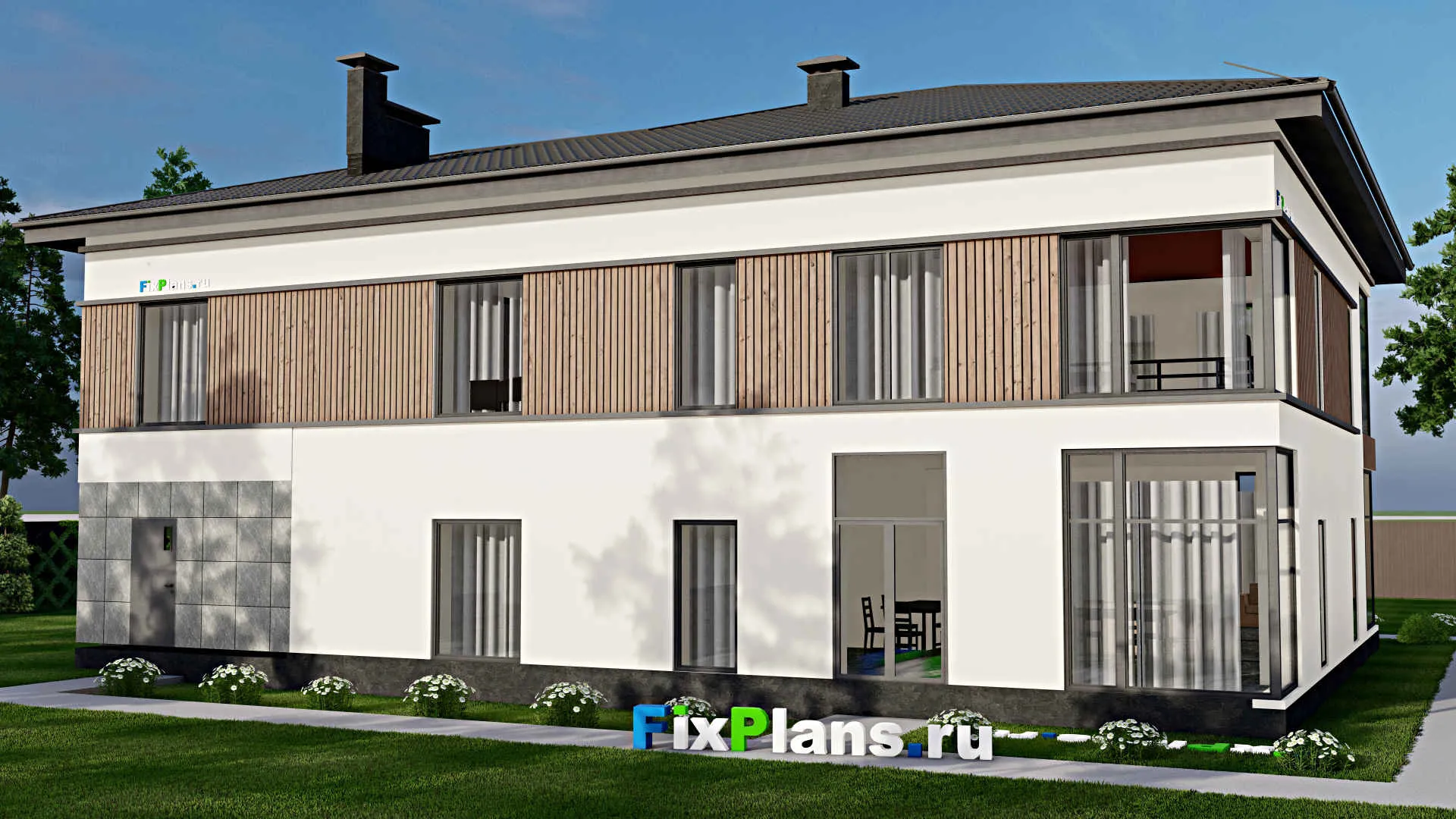 F-5210 - Планы двухэтажного дома 15 на 20, площадью 460 м² с балконом, гаражом на 1 машину, спортзалом и 1 спальнями