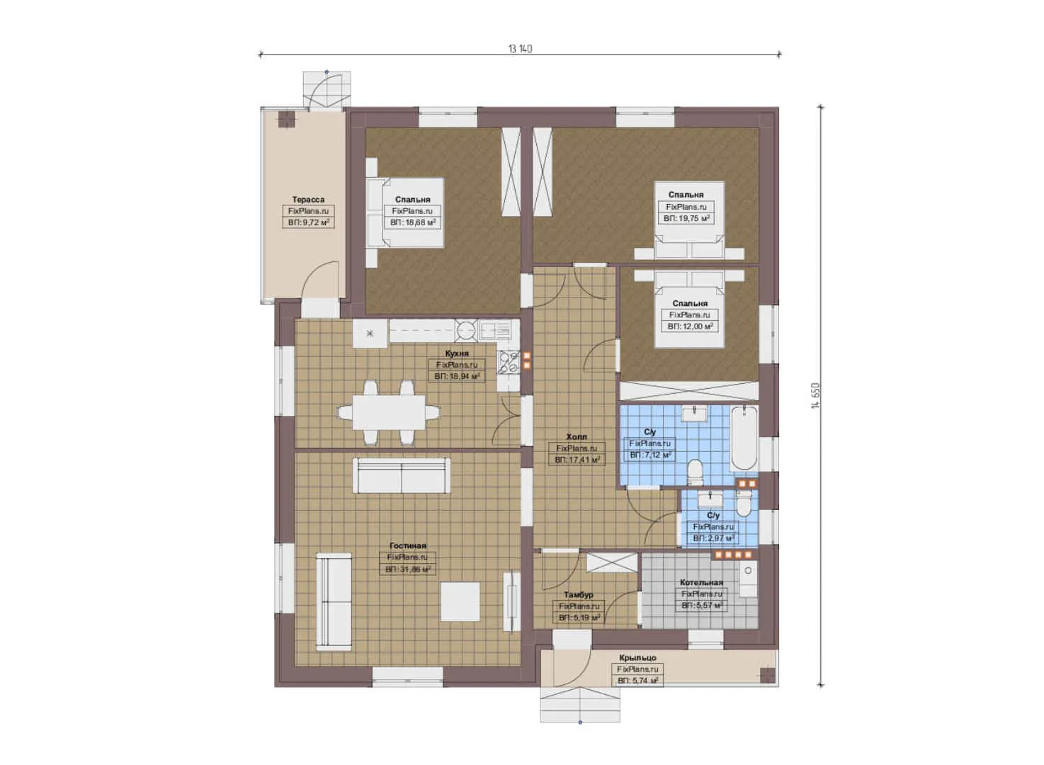 F-13022 - План одноэтажного дома 14 на 15, площадью 160 м² с террасой и 3 спальнями