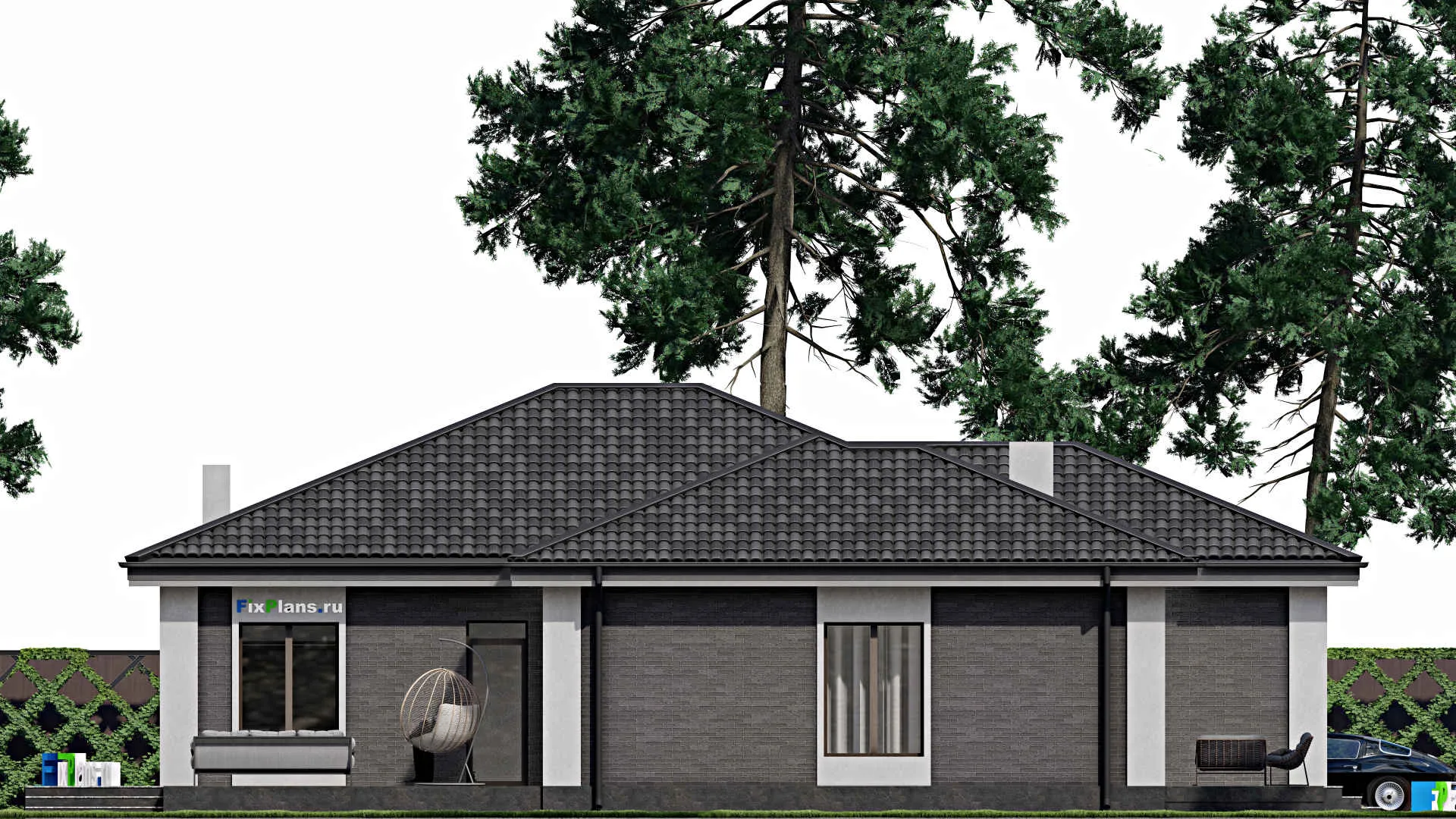 F-1853 - План одноэтажного дома 17 на 18, площадью 280 м² с террасой, гаражом на 2 машины и 3 спальнями