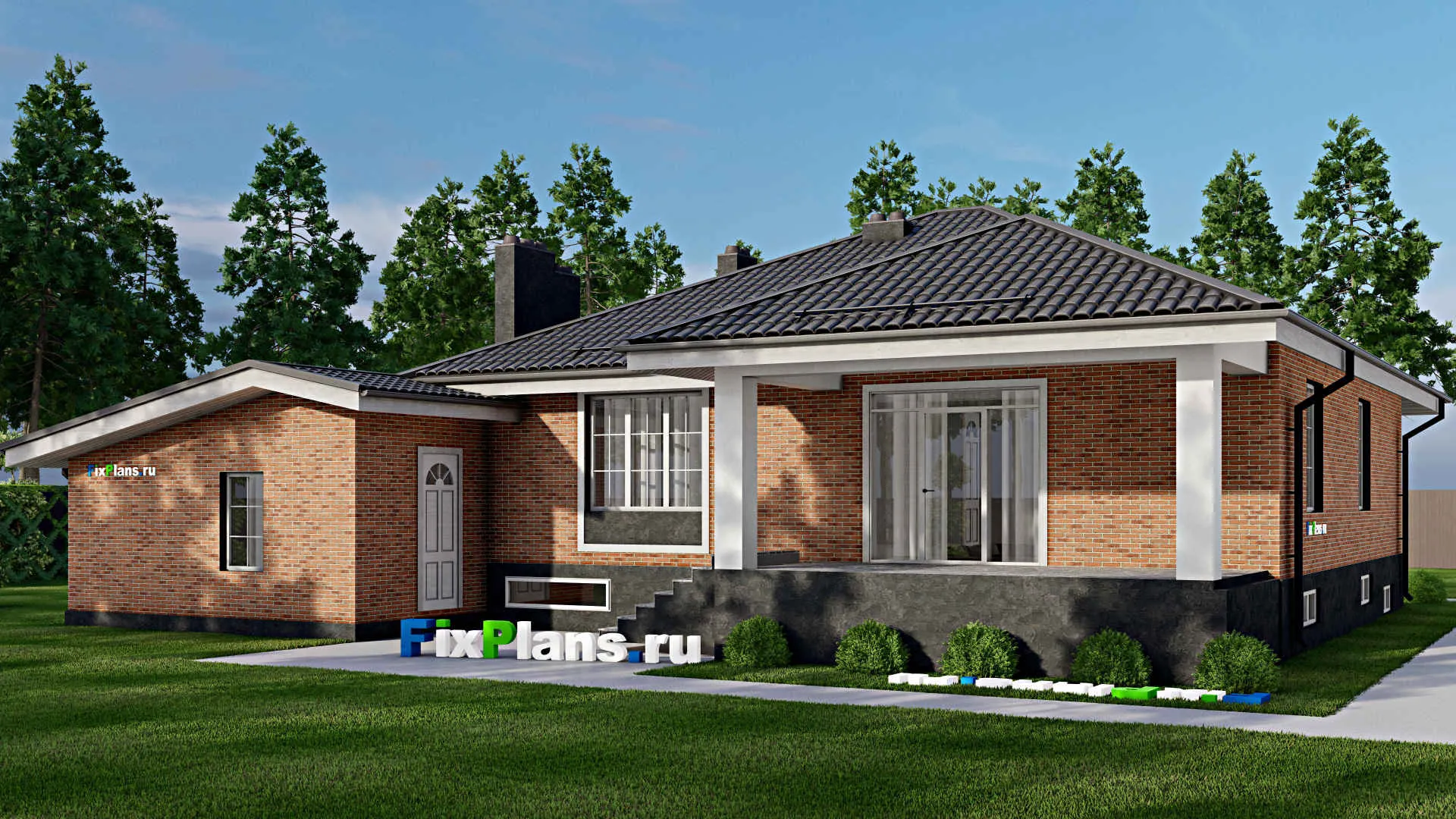 F-3878 - Проект одноэтажного дома 15 на 19, площадью 340 м² с террасой, цокольным этажом, баней, гаражом на 1 машину и 3 спальнями