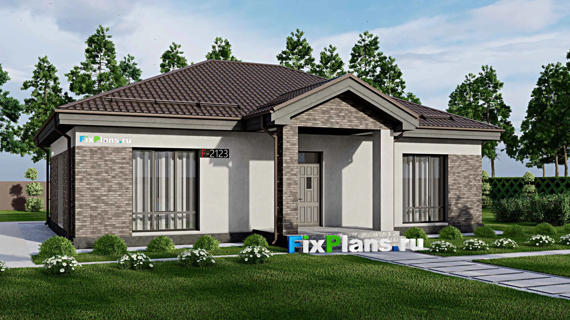 F-2123 - Проект одноэтажного дома 13 на 16, площадью 170 м² с террасой и 3 спальнями