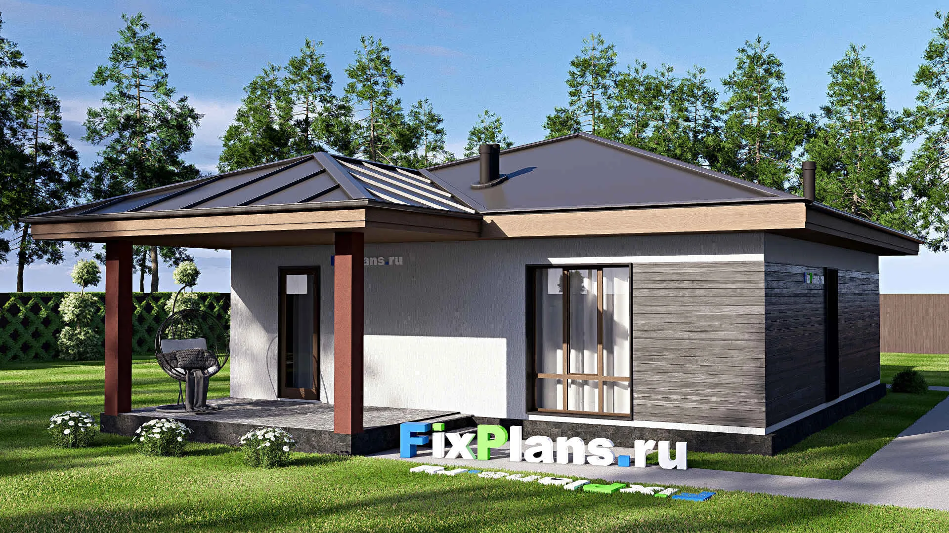 F-18665 - Проект одноэтажного дома 11 на 16, площадью 110 м² с террасой и 2 спальнями