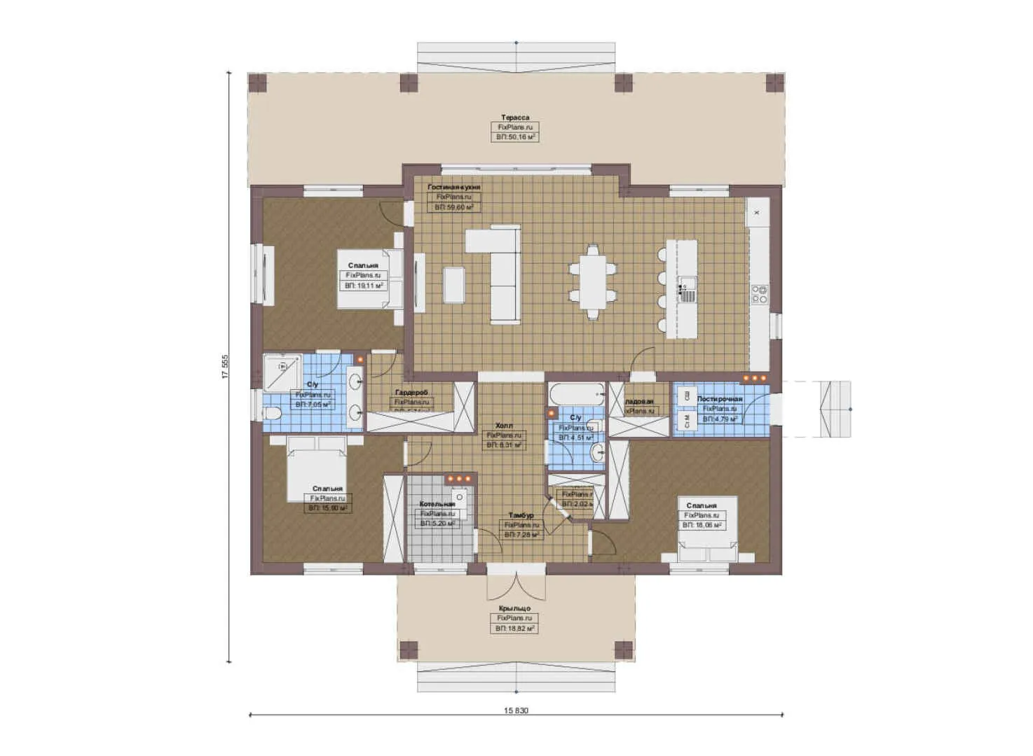 F-17180 - План одноэтажного дома 16 на 18, площадью 230 м² с террасой и 3 спальнями