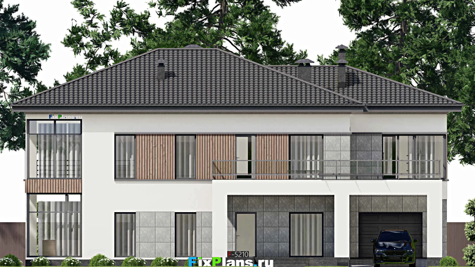 F-5210 - Планы двухэтажного дома 15 на 20, площадью 460 м² с балконом, гаражом на 1 машину, спортзалом и 1 спальнями