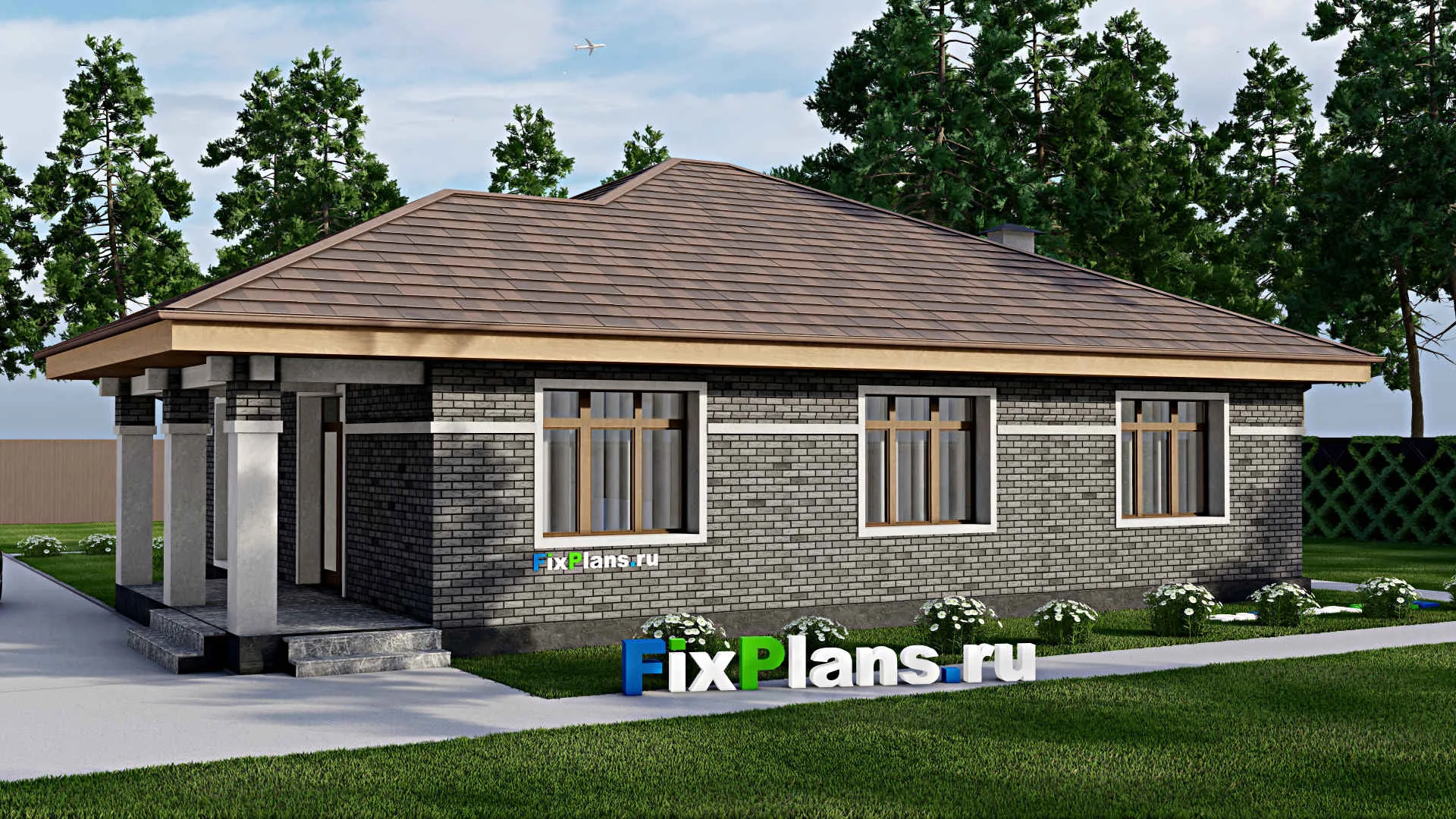 F-9350 - Проект одноэтажного дома 15 на 16, площадью 160 м² с террасой и 3 спальнями