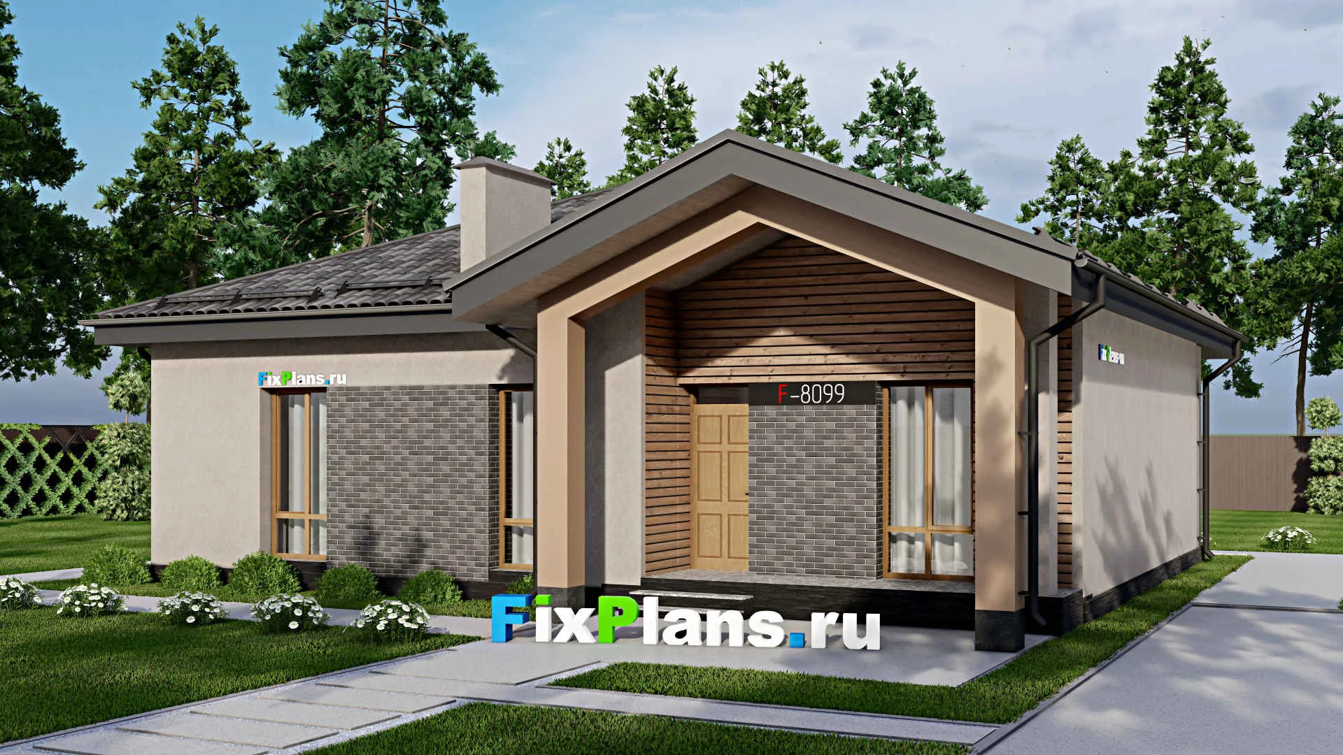 F-8099 - Проект одноэтажного дома 11 на 14, площадью 120 м² с террасой и 3 спальнями