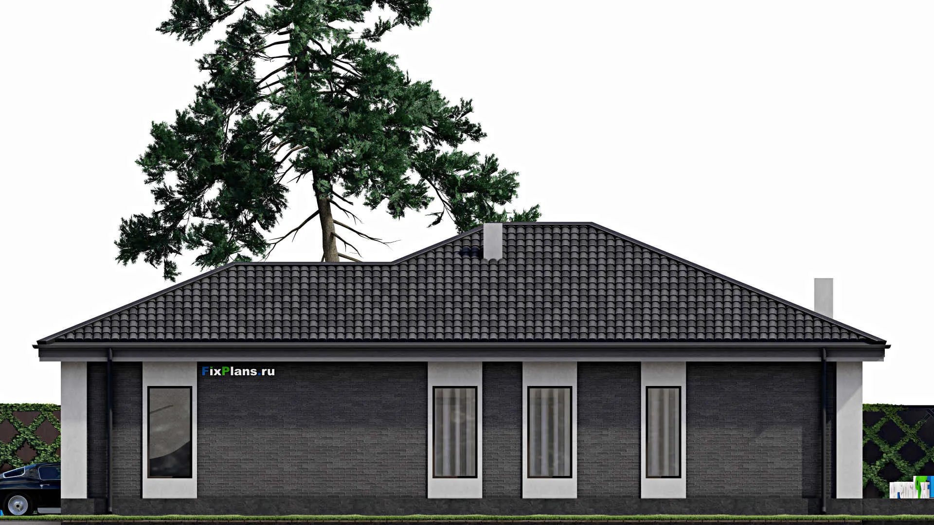 F-1853 - План одноэтажного дома 17 на 18, площадью 280 м² с террасой, гаражом на 2 машины и 3 спальнями