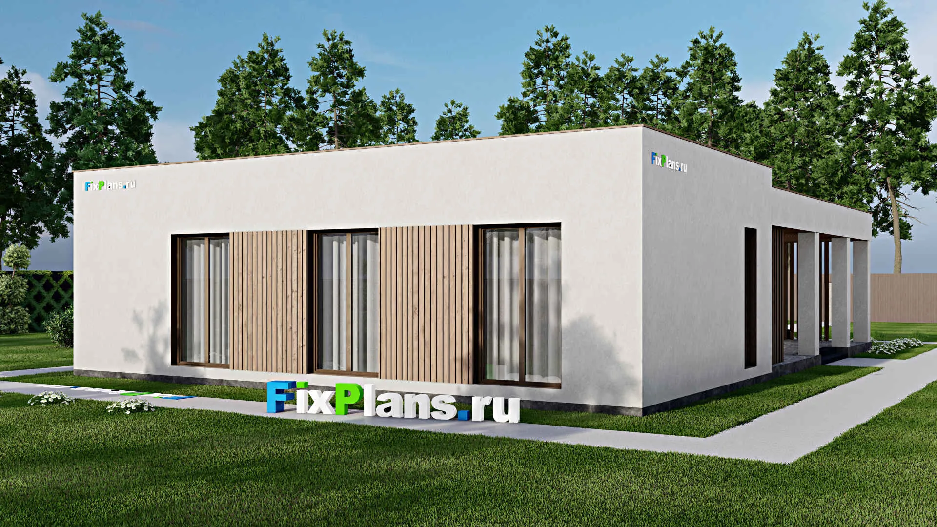 F-2663 - Проект одноэтажного дома 13 на 16, площадью 210 м² с террасой и 3 спальнями