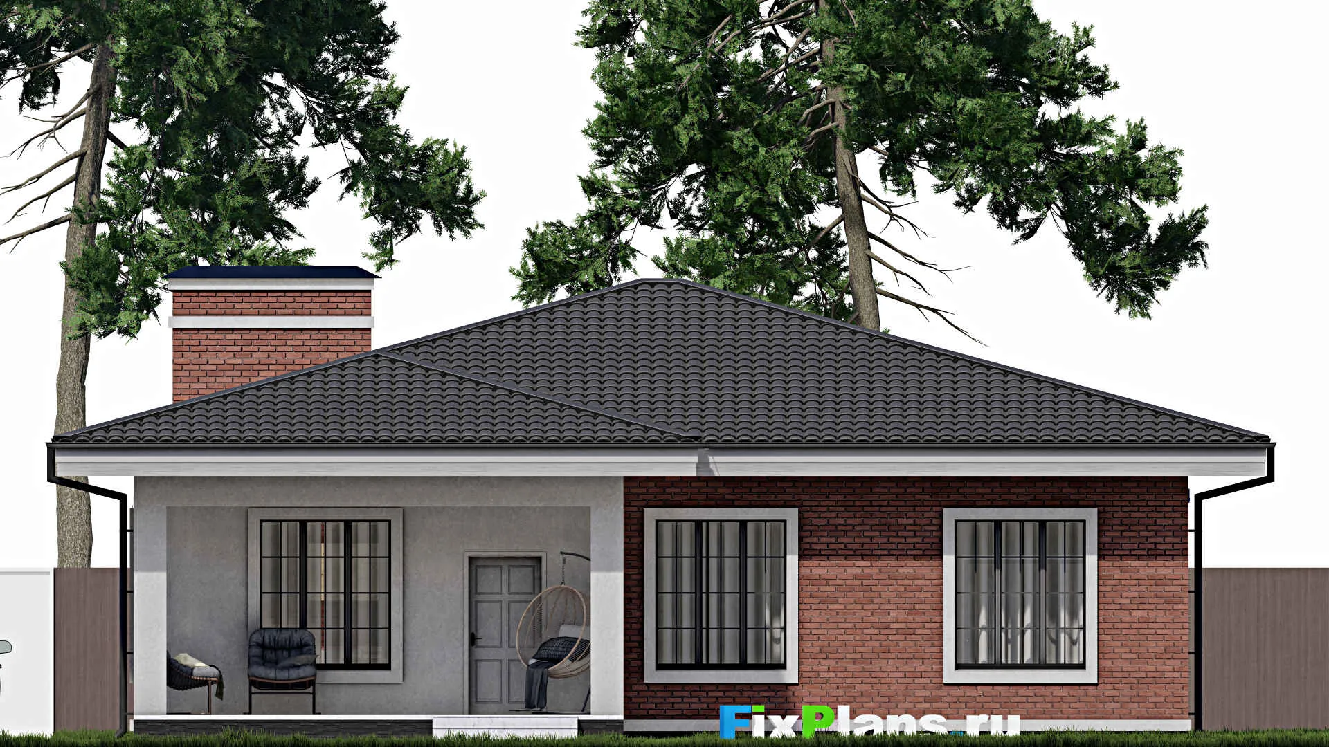 F-0917 - Проект одноэтажного дома 14 на 14, площадью 180 м² с террасой и 3 спальнями