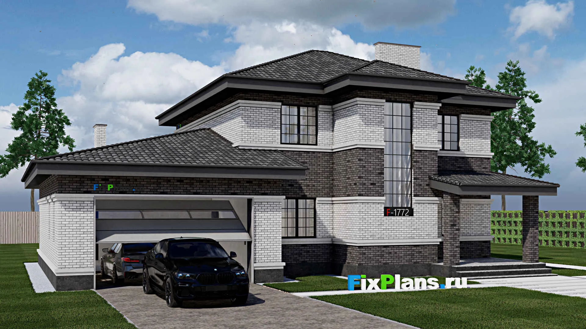 F-1772 - Проект двухэтажного дома 12 на 17, площадью 240 м² с террасой, гаражом на 2 машины и 4 спальнями