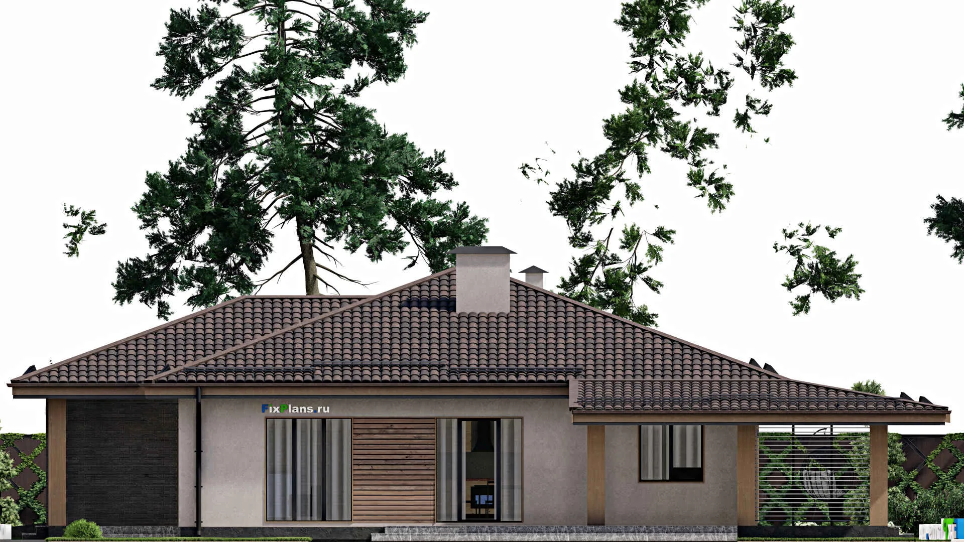 F-6749 - Проект одноэтажного дома 17 на 20, площадью 220 м² с террасой, гаражом на 2 машины и 3 спальнями