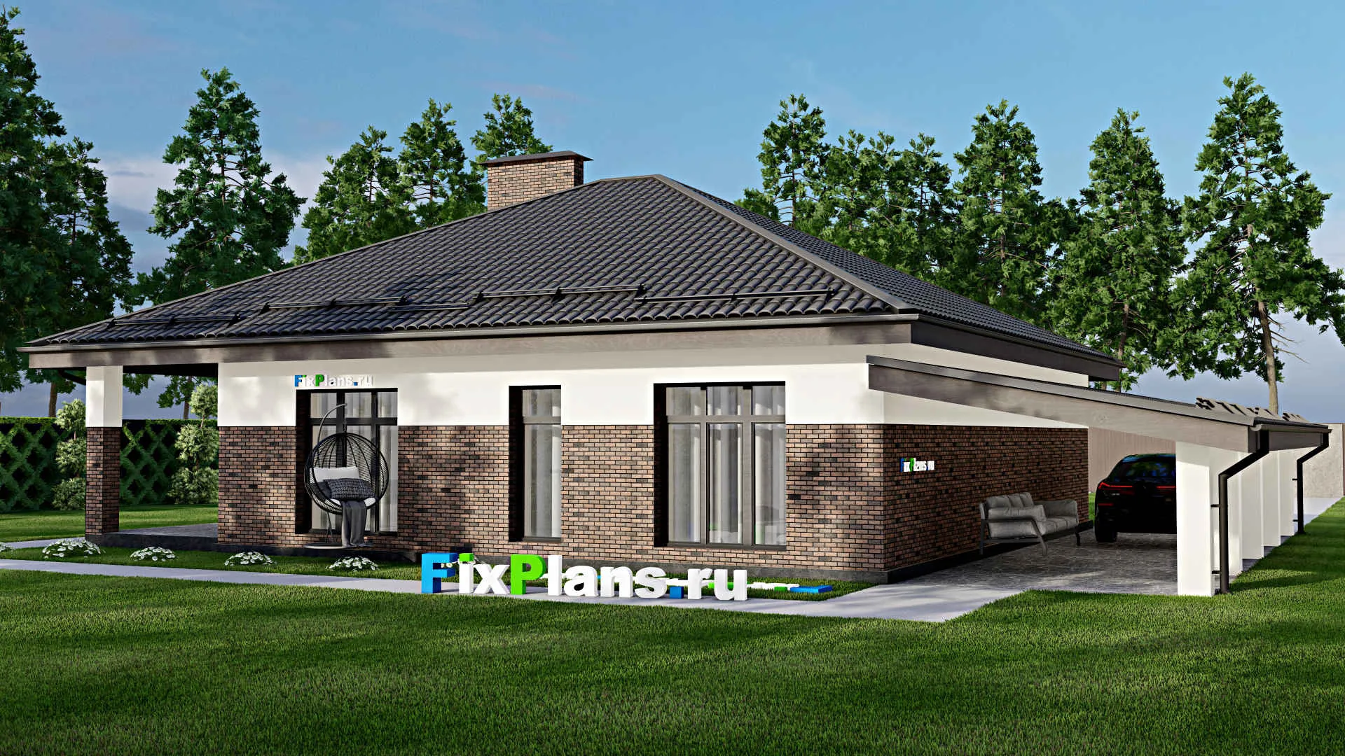 F-5012 - Проект одноэтажного дома 12 на 16, площадью 180 м² с террасой и 3 спальнями