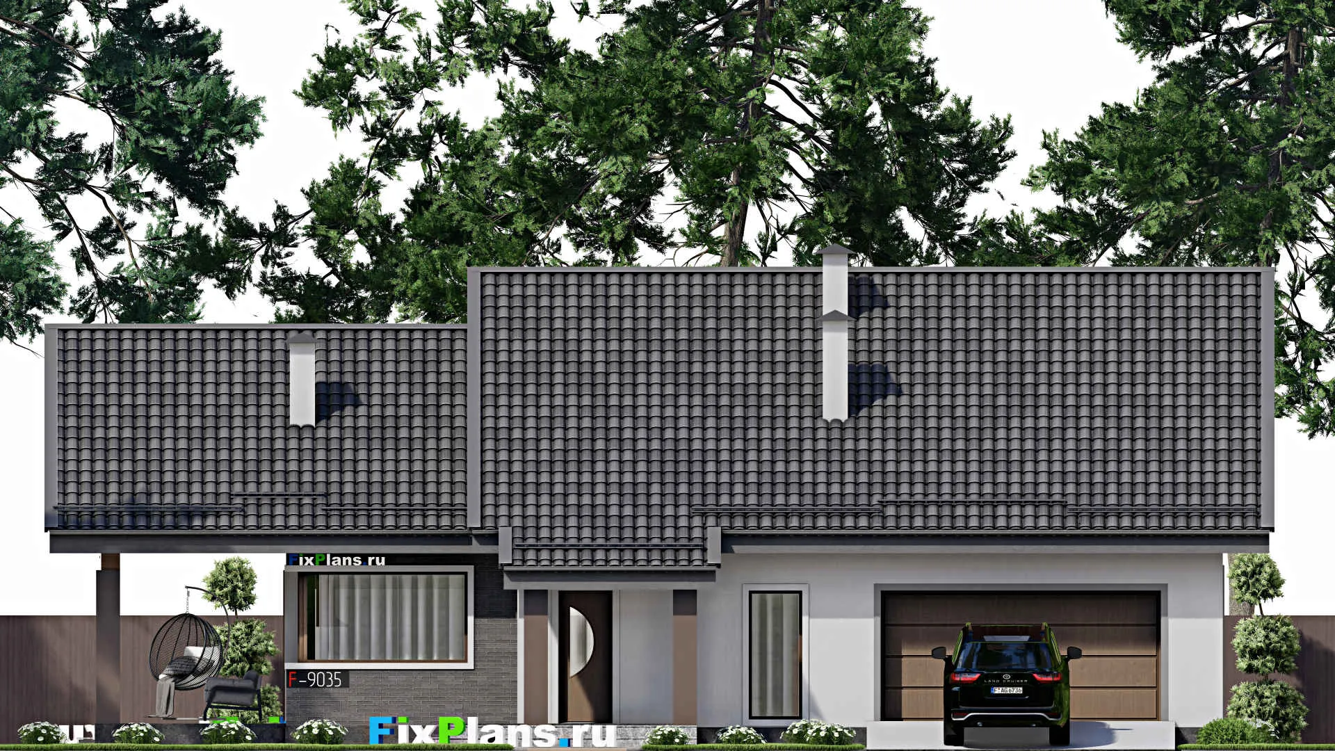 F-9035 - Проект одноэтажного дома 15 на 18, площадью 180 м² с террасой, гаражом на 1 машину и 3 спальнями