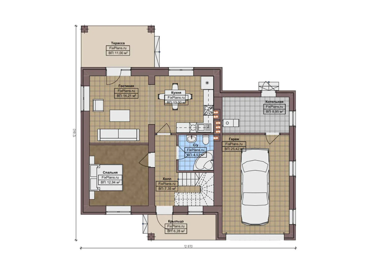 F-9287 - Планы двухэтажного дома 13 на 13, площадью 160 м² с террасой, гаражом на 1 машину и 4 спальнями