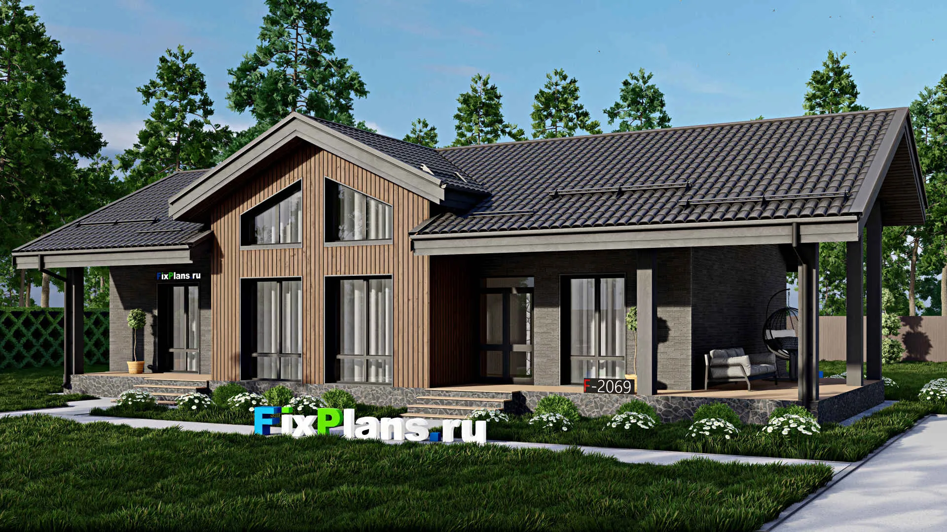 F-2069 - Проект одноэтажного дома 11 на 17, площадью 150 м² с террасой и 3 спальнями