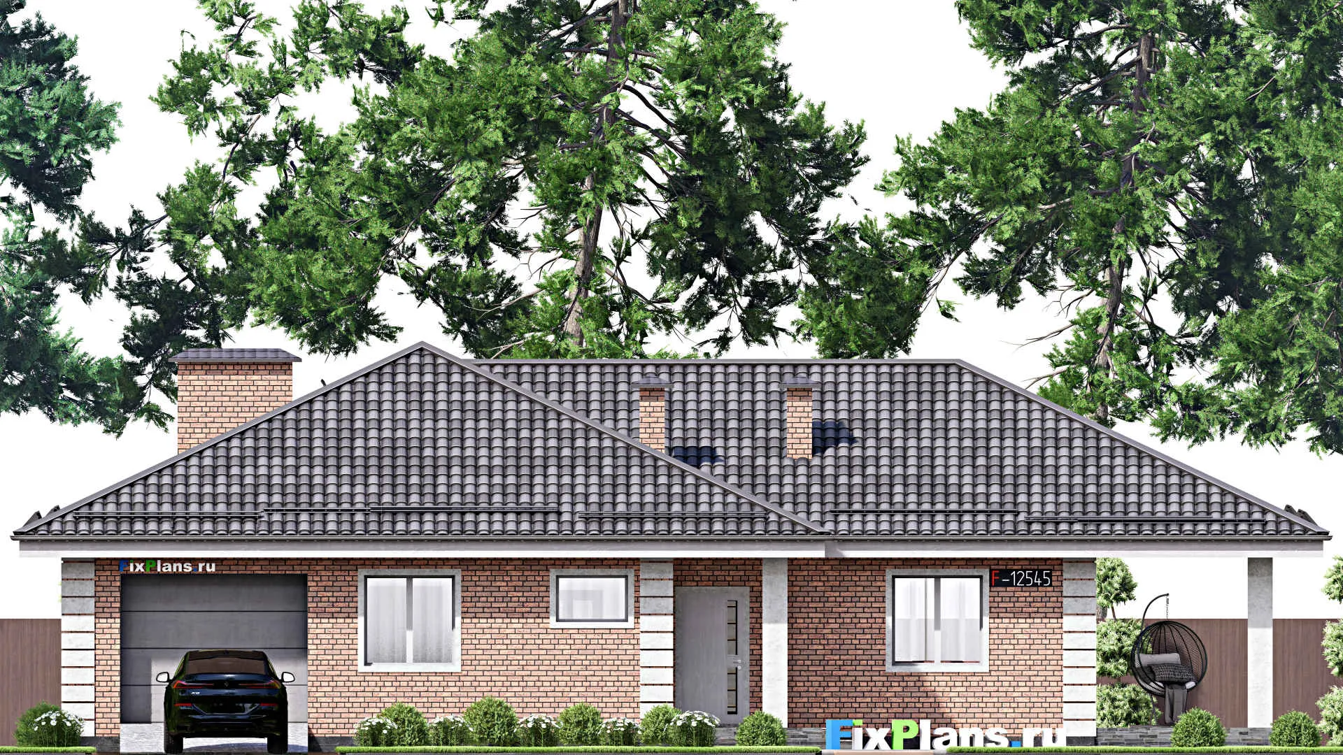 F-12545 - Проект одноэтажного дома 12 на 20, площадью 180 м² с террасой, гаражом на 1 машину и 3 спальнями