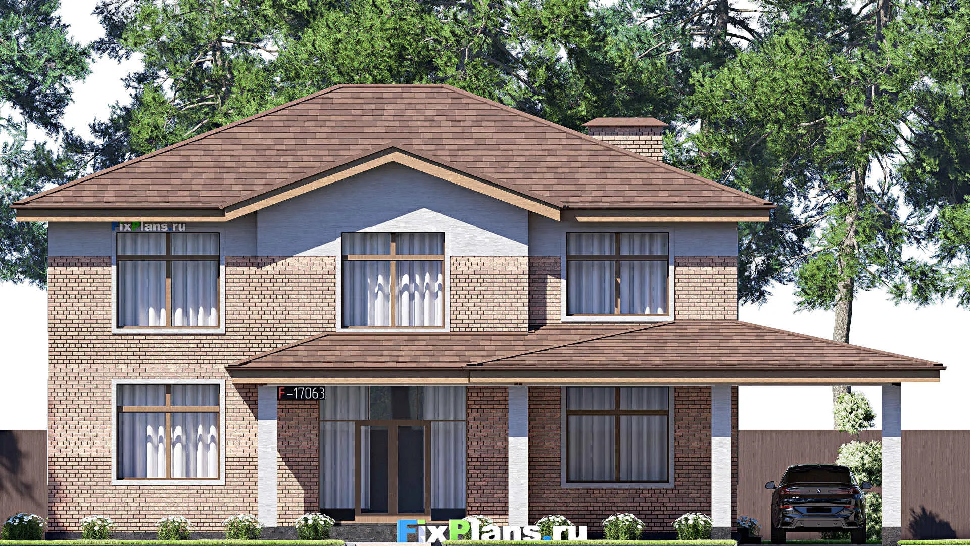 F-17063 - Проект двухэтажного дома 18 на 18, площадью 290 м² с террасой, балконом и 5 спальнями