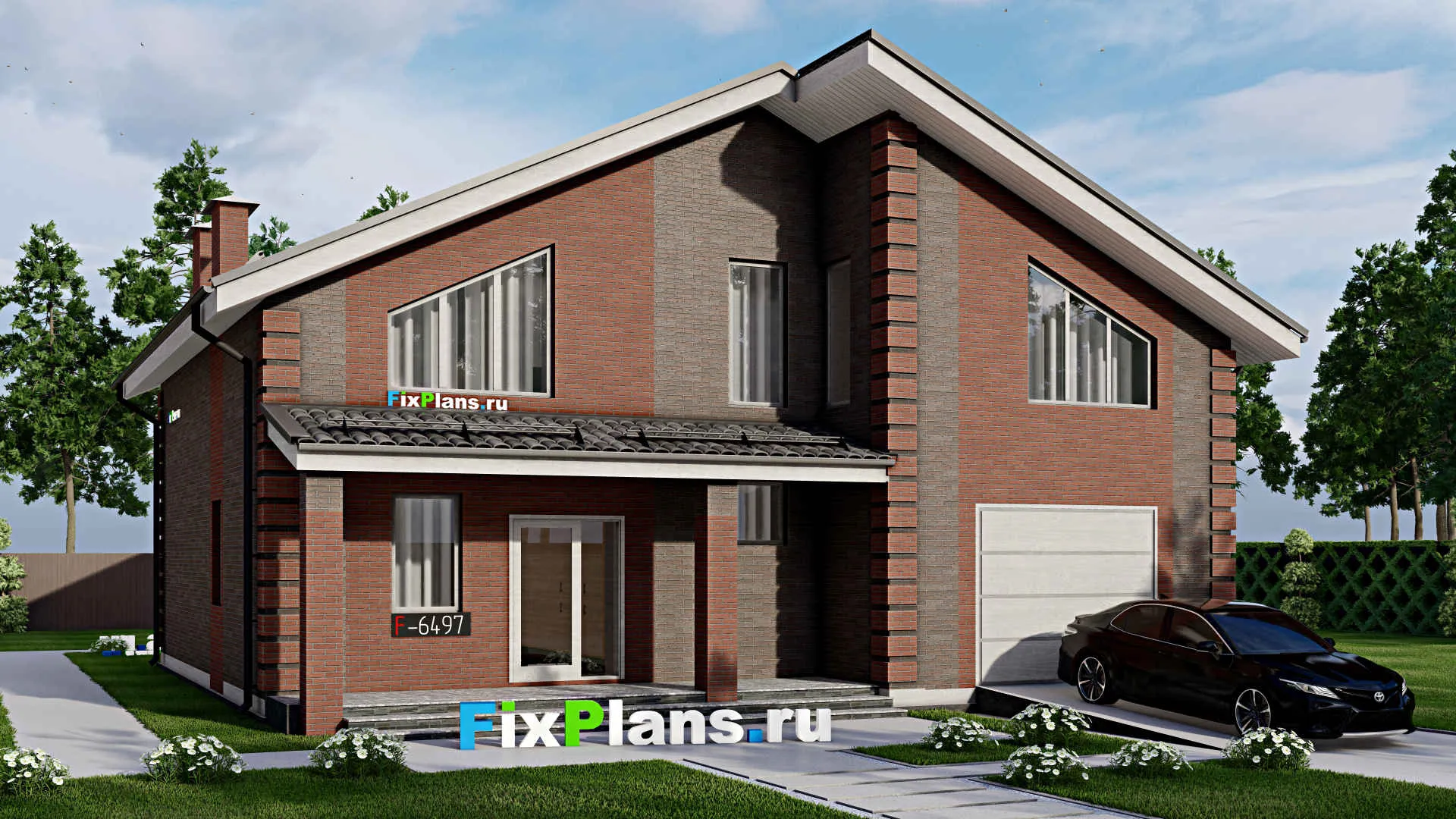 F-6497 - Проект дома с мансардой 14 на 14, площадью 250 м² с террасой, гаражом на 1 машину и 3 спальнями