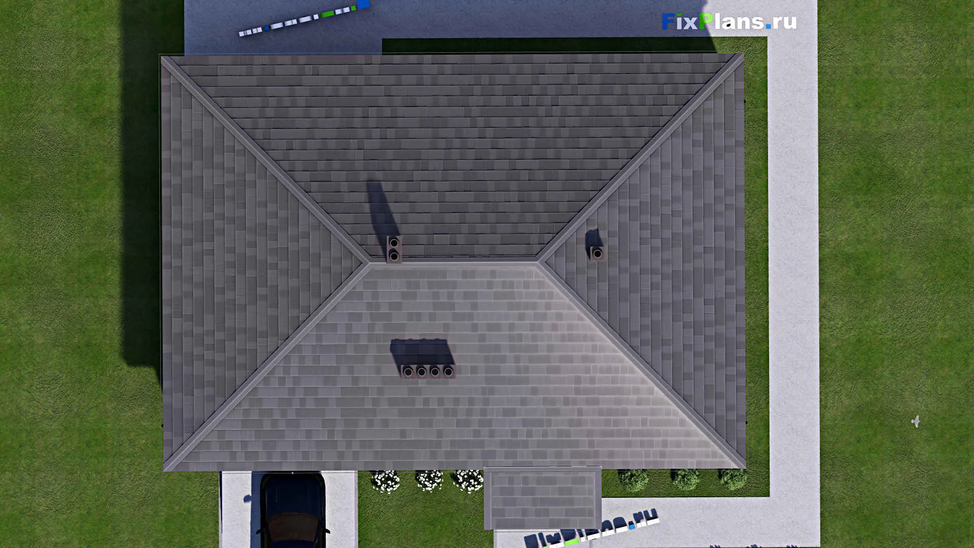 F-14525 - План одноэтажного дома 13 на 17, площадью 150 м² с террасой, гаражом на 2 машины и 2 спальнями