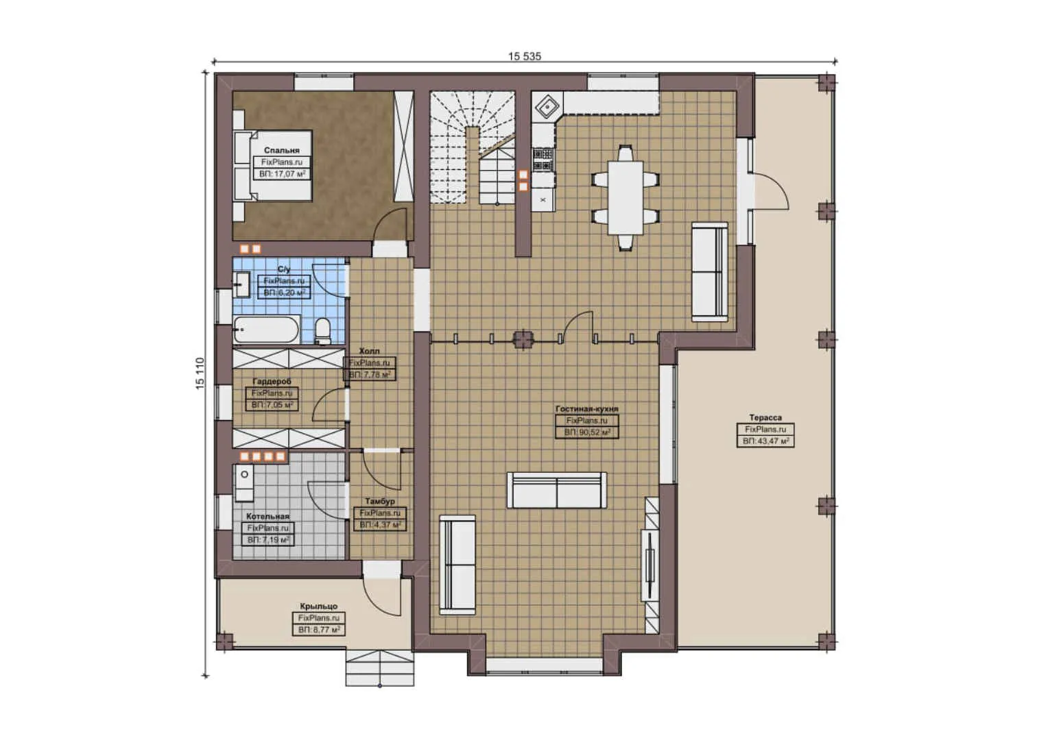F-9944 - Планы двухэтажного дома 16 на 16, площадью 470 м² с террасой, балконом и 4 спальнями