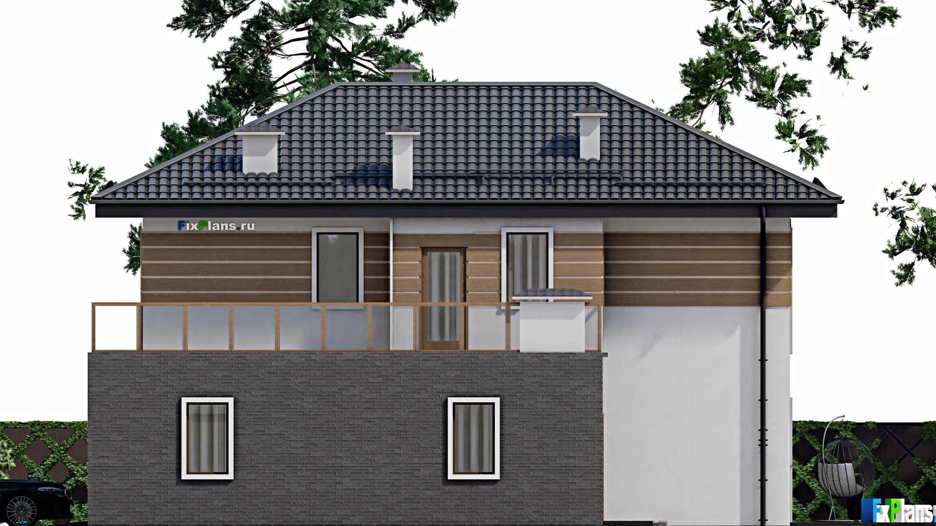 F-8774 - Проект двухэтажного дома 14 на 18, площадью 270 м² с террасой, балконом, гаражом на 1 машину и 4 спальнями