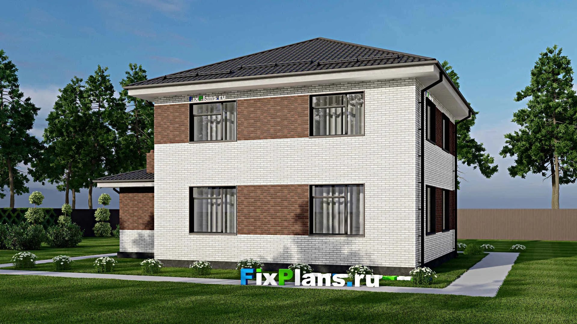 F-3077 - Проект двухэтажного дома 12 на 15, площадью 180 м² с гаражом на 1 машину и 4 спальнями