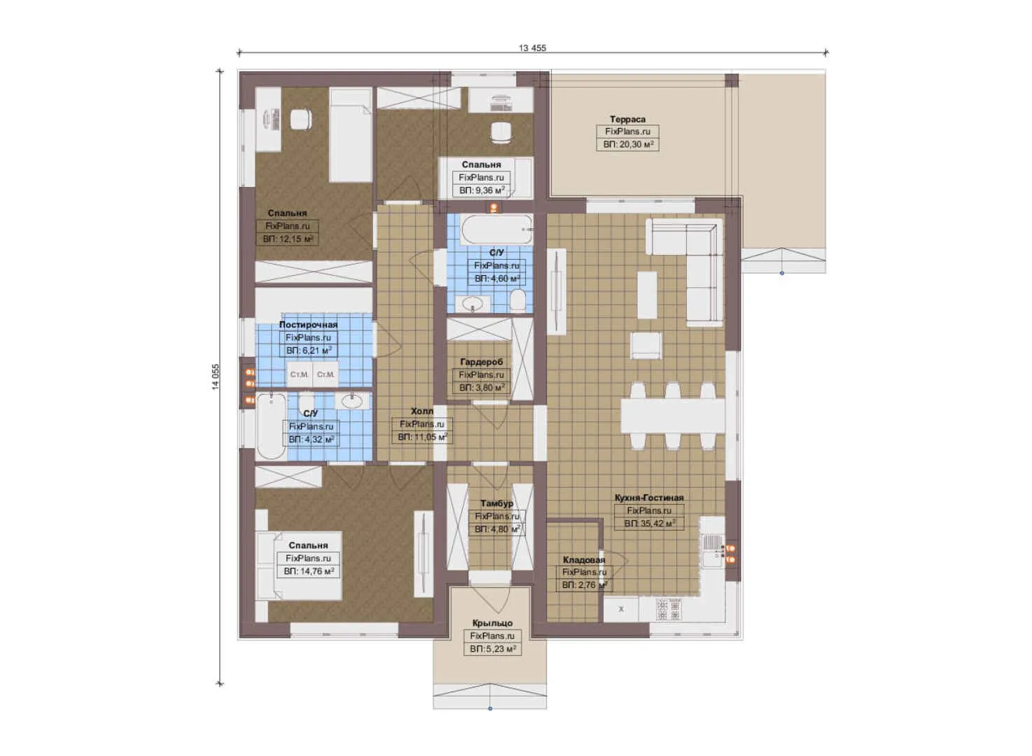 F-19484 - План одноэтажного дома 14 на 15, площадью 140 м² с террасой и 3 спальнями