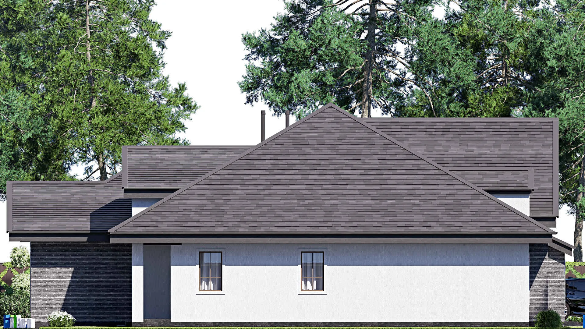 F-20591 - Проект дома с мансардой 18 на 20, площадью 410 м² с террасой, гаражом на 2 машины и 4 спальнями