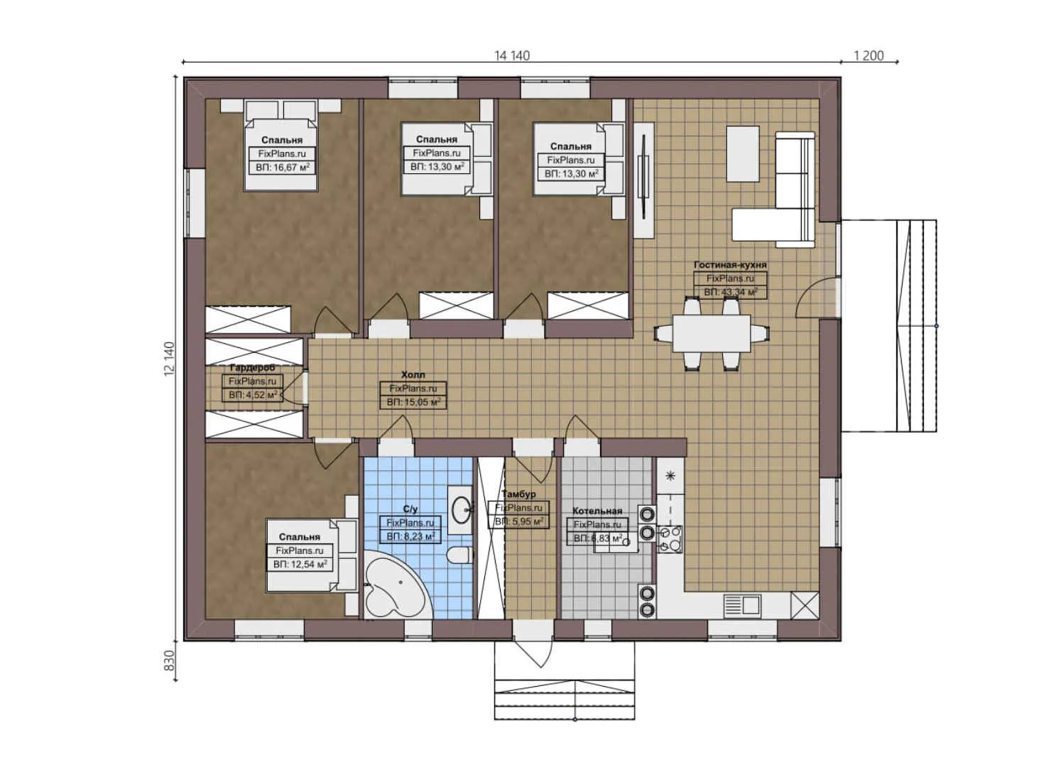 F-3185 - План одноэтажного дома 13 на 15, площадью 140 м² с 4 спальнями