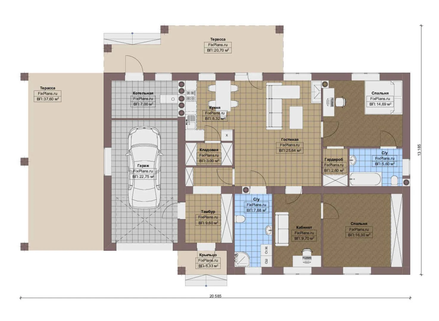 F-14588 - План одноэтажного дома 14 на 21, площадью 200 м² с террасой, гаражом на 1 машину и 2 спальнями