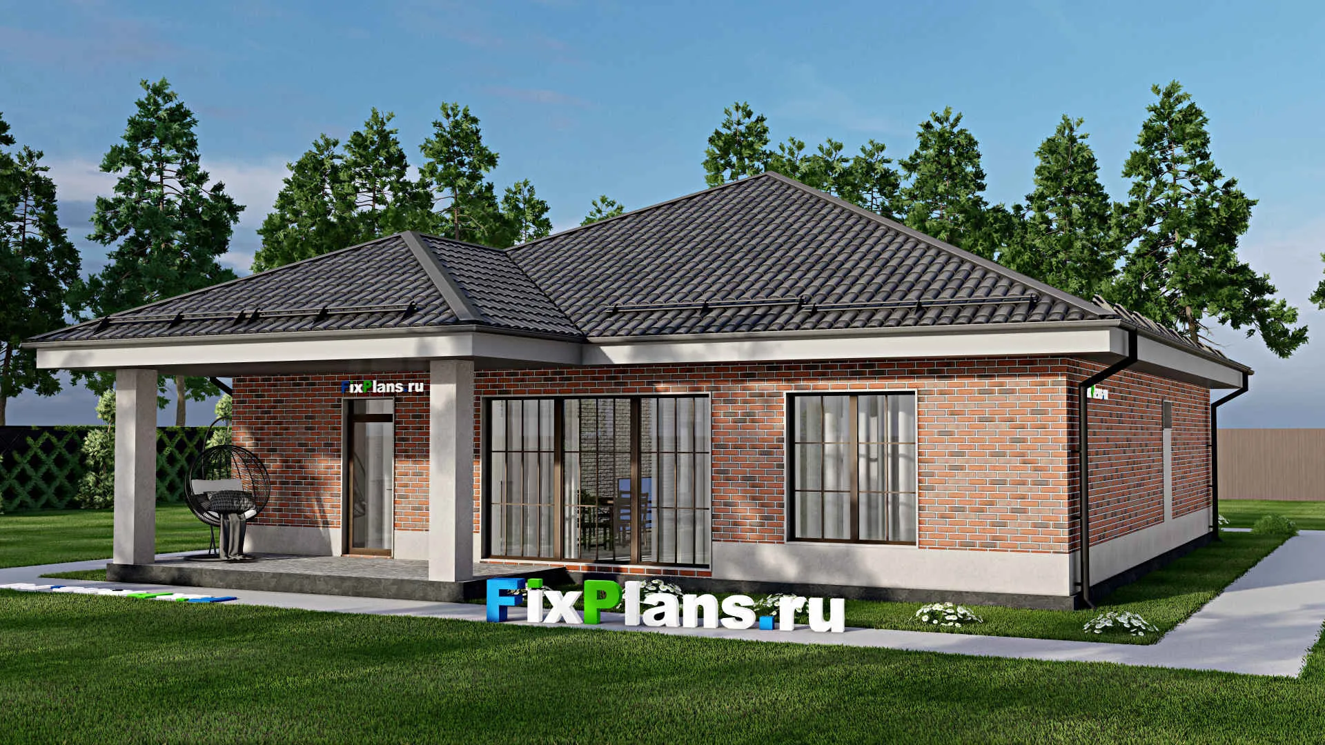 F-5246 - Проект одноэтажного дома 14 на 19, площадью 170 м² с террасой и 4 спальнями