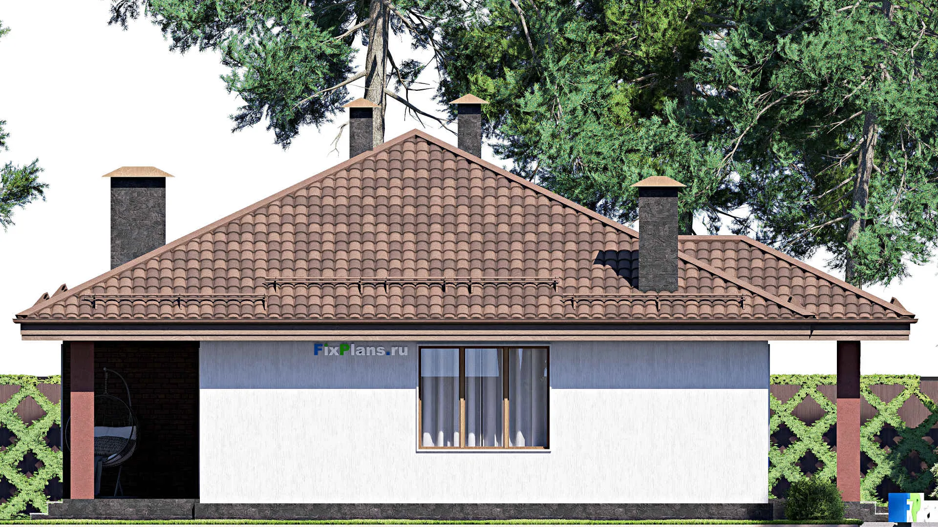 F-17333 - Проект одноэтажного дома 14 на 19, площадью 180 м² с террасой, гаражом на 2 машины и 3 спальнями