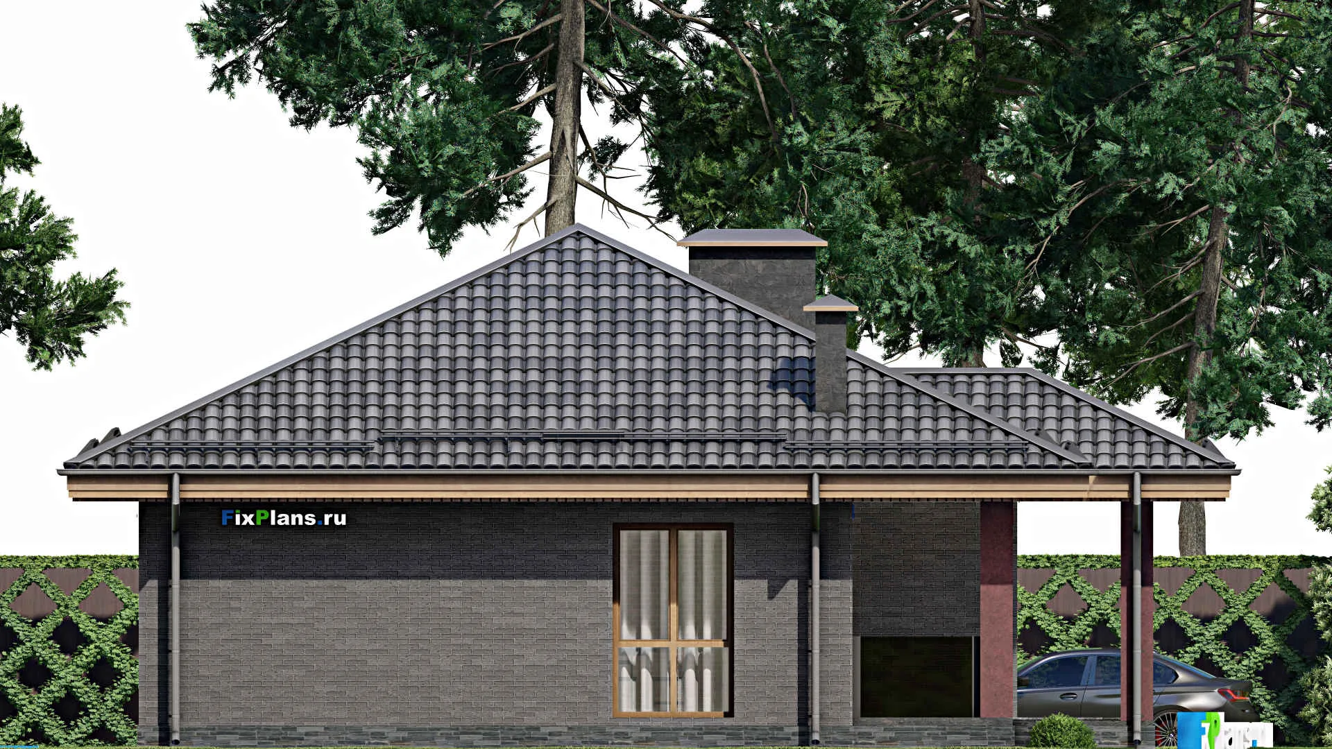 F-7874 - Проект одноэтажного дома 11 на 14, площадью 120 м² с террасой и 3 спальнями