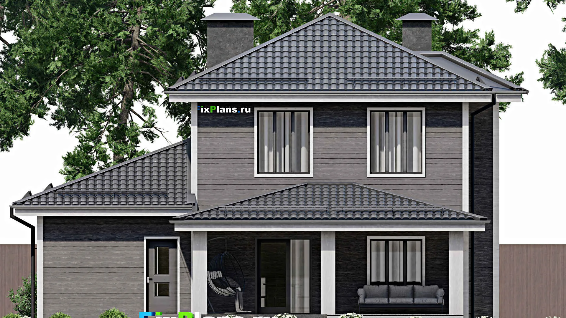 F-3554 - Проект двухэтажного дома 12 на 13, площадью 190 м² с террасой, гаражом на 2 машины и 5 спальнями