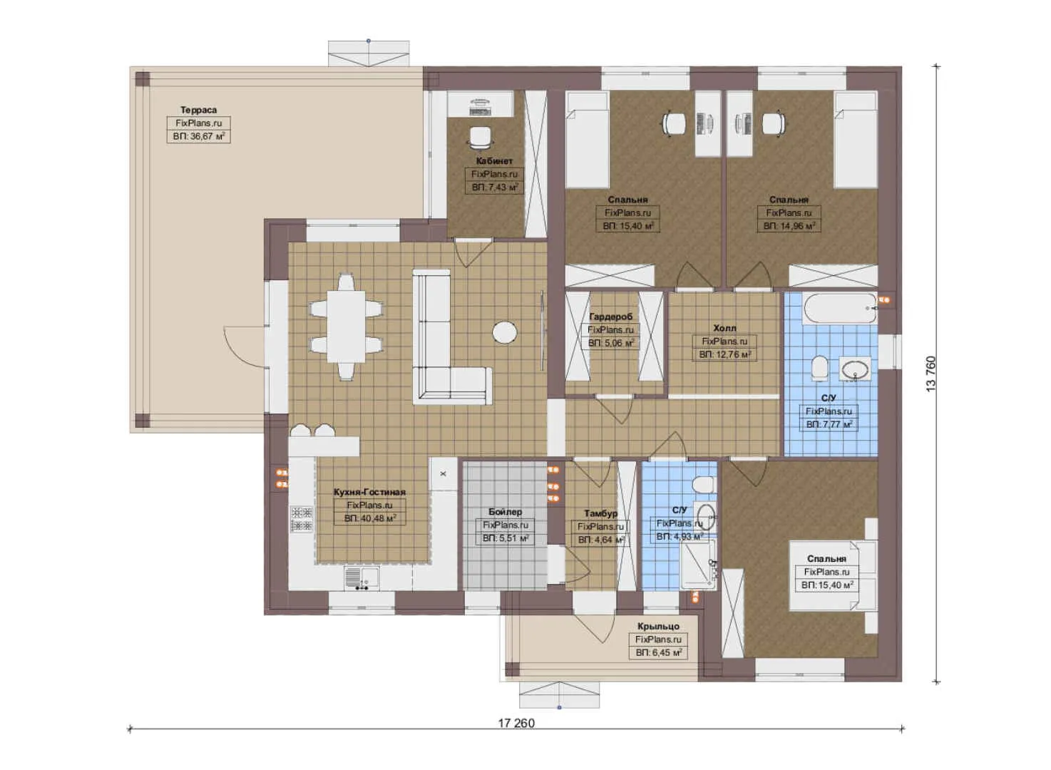 F-19637 - План одноэтажного дома 14 на 18, площадью 180 м² с террасой и 3 спальнями