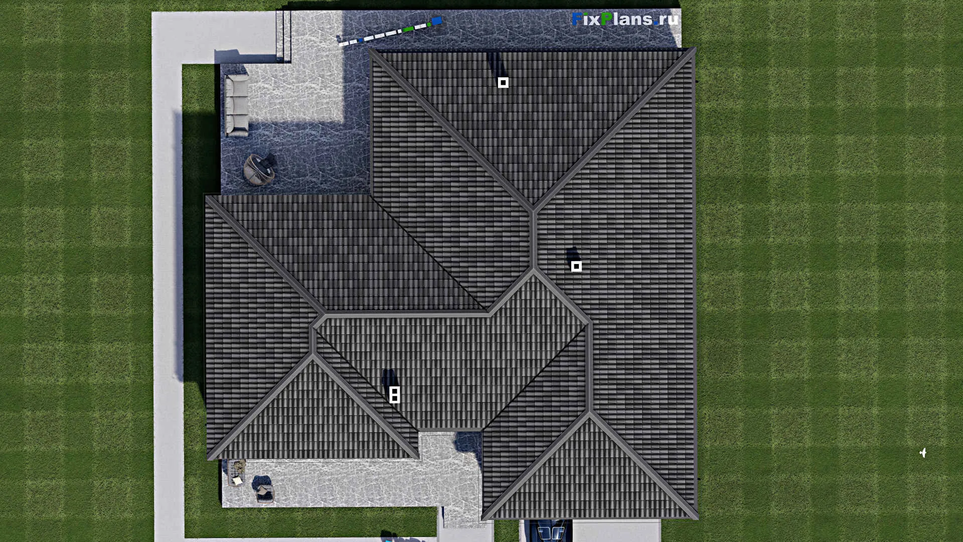 F-1853 - План одноэтажного дома 17 на 18, площадью 280 м² с террасой, гаражом на 2 машины и 3 спальнями