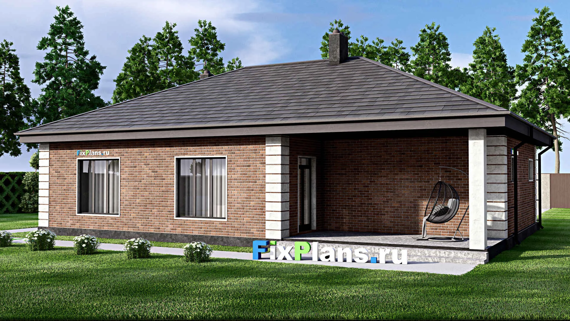 F-14525 - План одноэтажного дома 13 на 17, площадью 150 м² с террасой, гаражом на 2 машины и 2 спальнями