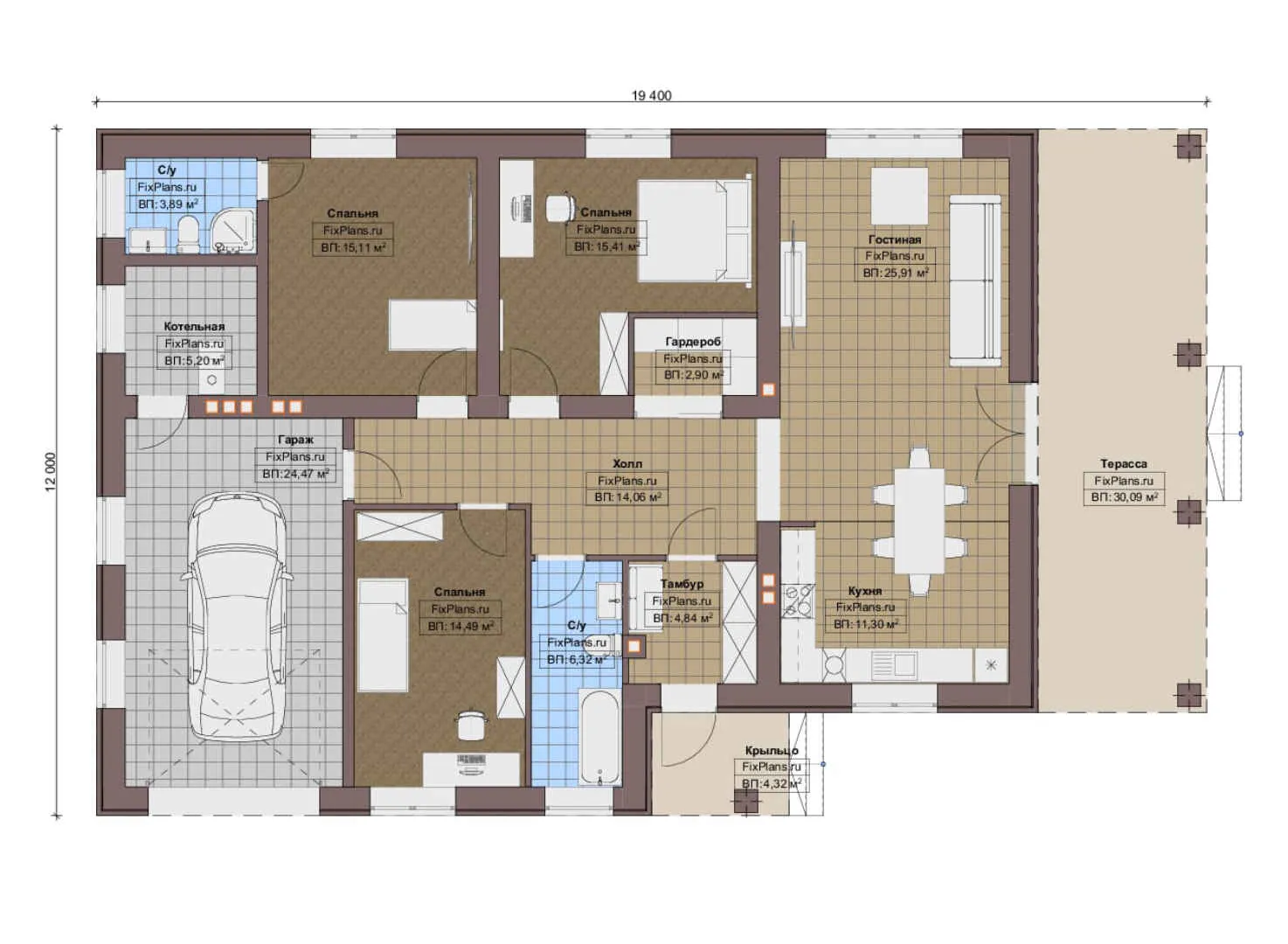 F-12545 - План одноэтажного дома 12 на 20, площадью 180 м² с террасой, гаражом на 1 машину и 3 спальнями