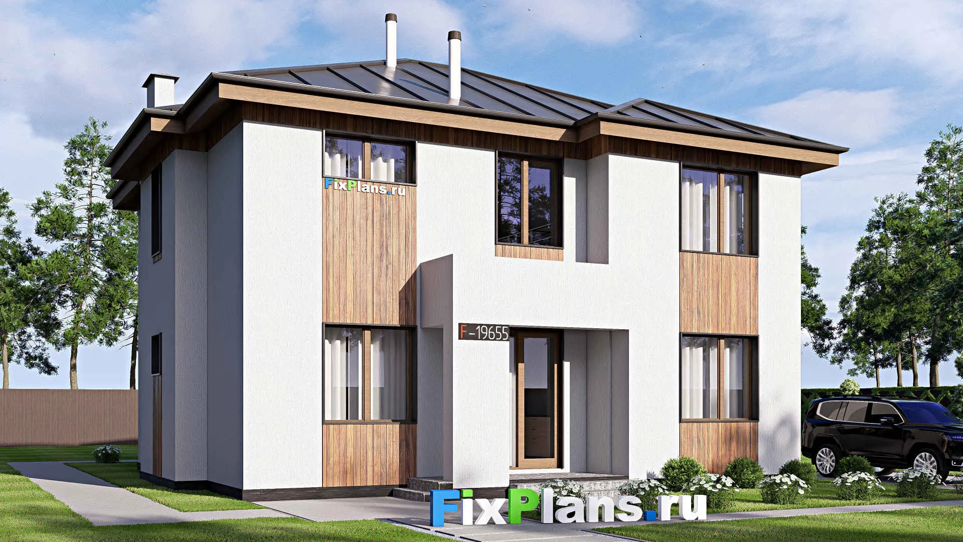 F-19655 - Проект двухэтажного дома 13 на 17, площадью 220 м² с террасой и 2 спальнями