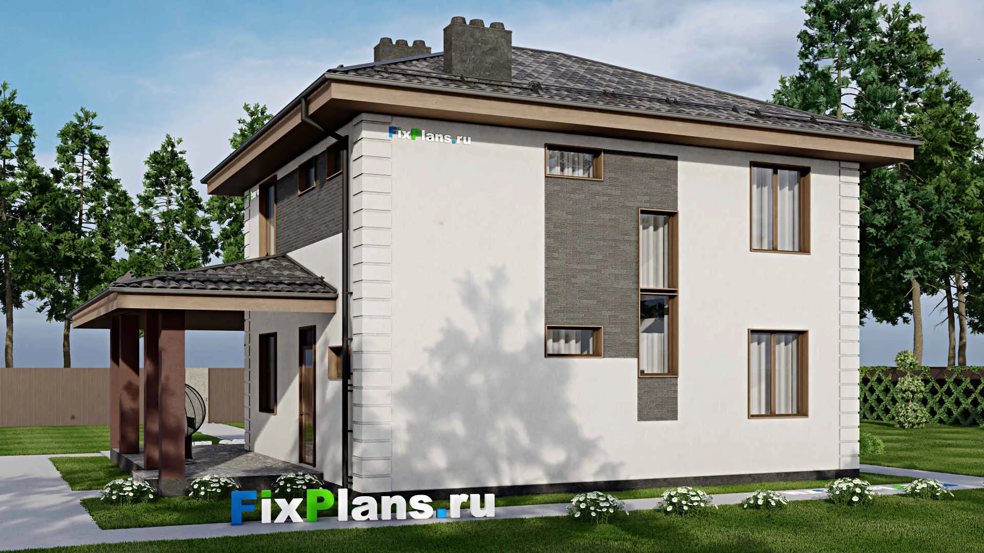 F-7757 - Проект двухэтажного дома 12 на 14, площадью 190 м² с террасой и 4 спальнями