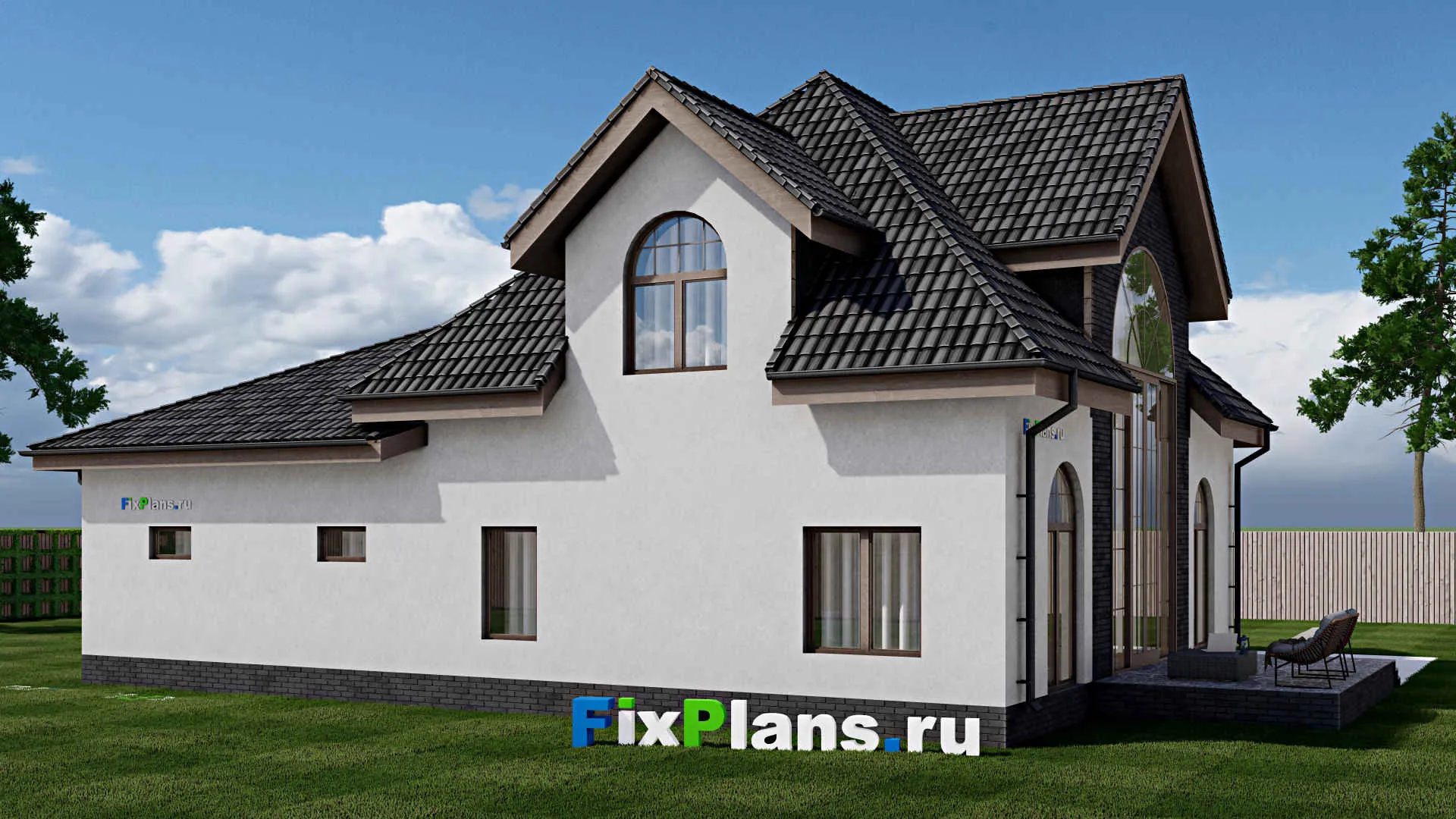 F-1781 - Проект дома с мансардой 12 на 16, площадью 190 м² с террасой, гаражом на 1 машину и 2 спальнями