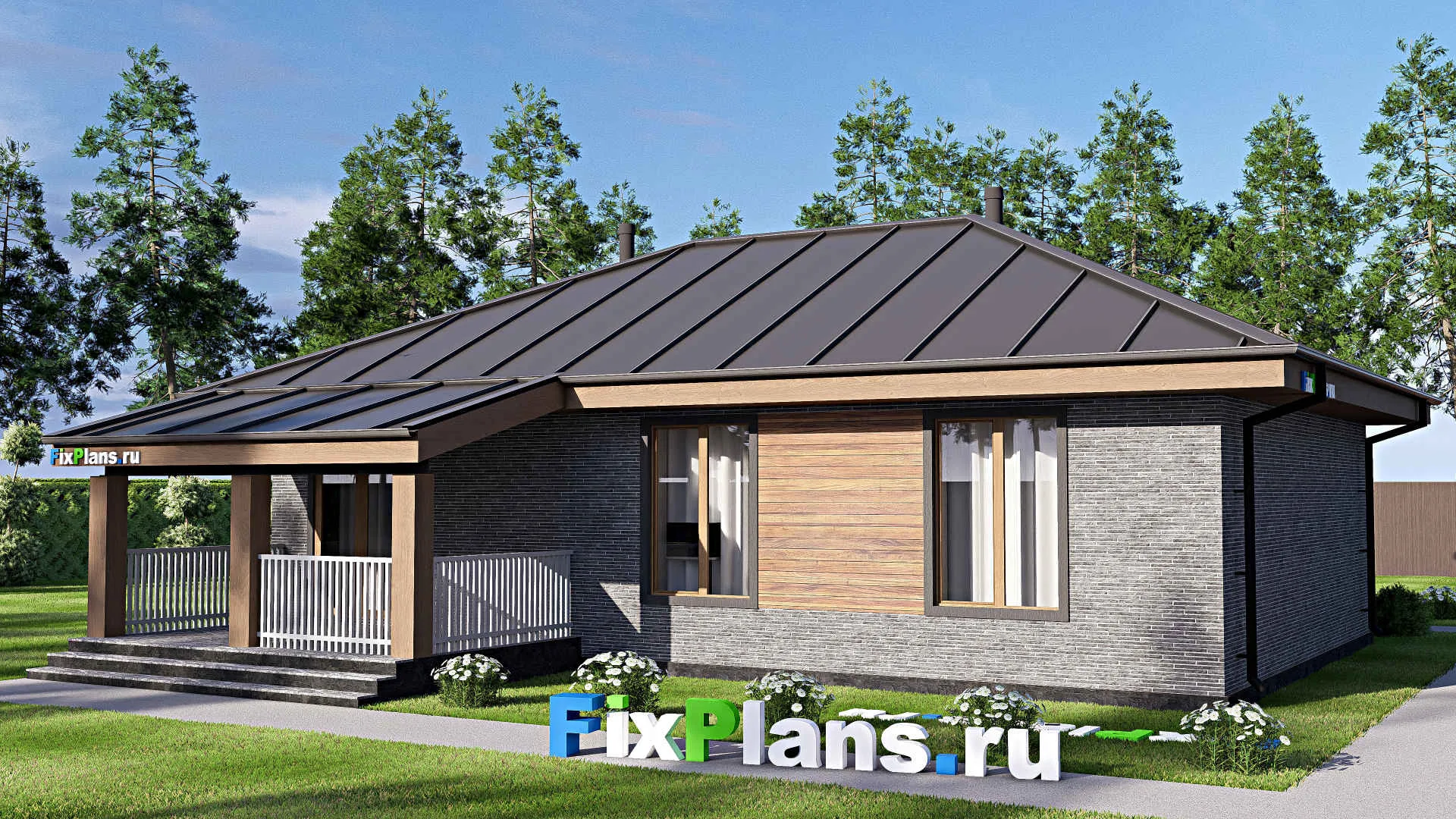 F-18566 - Проект одноэтажного дома 13 на 13, площадью 100 м² с террасой и 3 спальнями