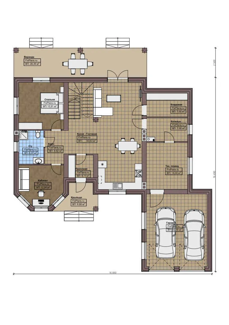 F-1421 - Планы дома с мансардой 17 на 17, площадью 240 м² с террасой, гаражом на 1 машину и 3 спальнями