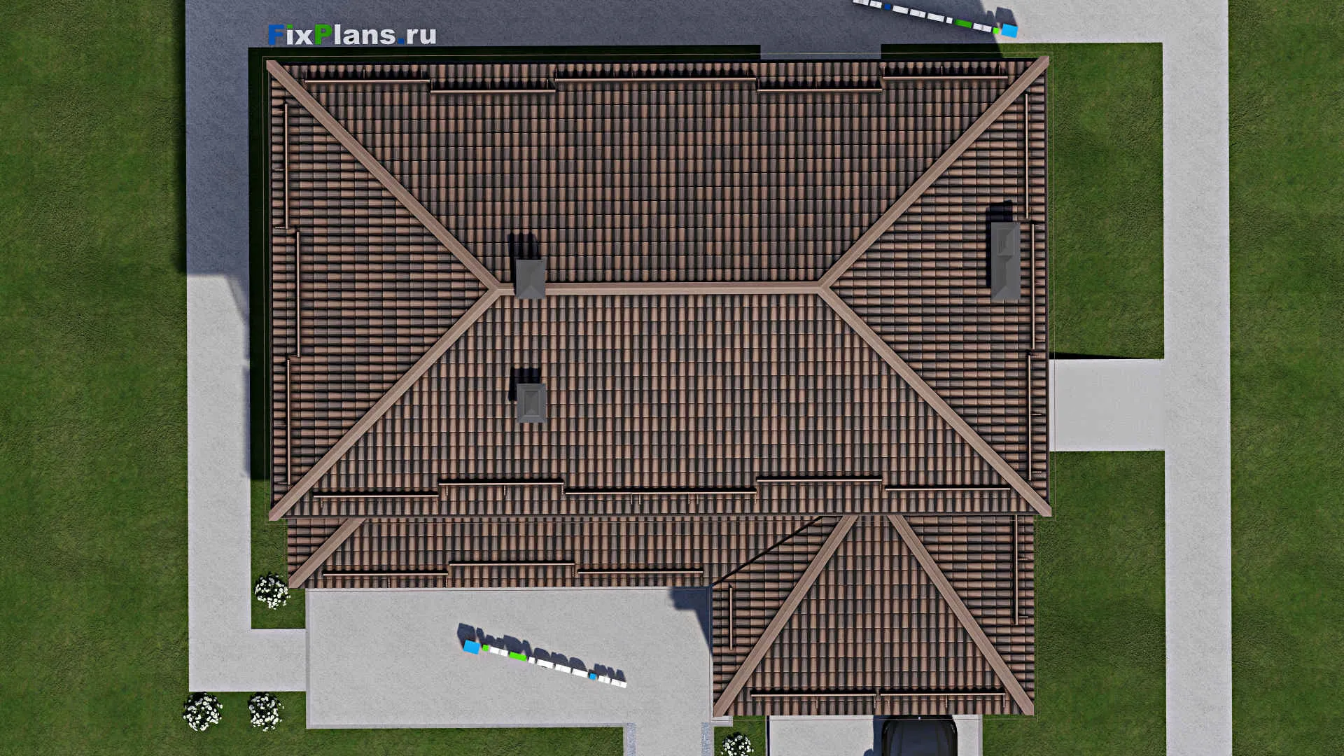 F-7946 - Проект двухэтажного дома 15 на 18, площадью 310 м² с террасой, баней, гаражом на 2 машины и 2 спальнями