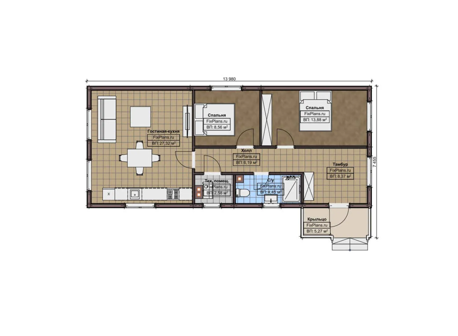 F-10430 - План одноэтажного дома 8 на 14, площадью 80 м² с 2 спальнями