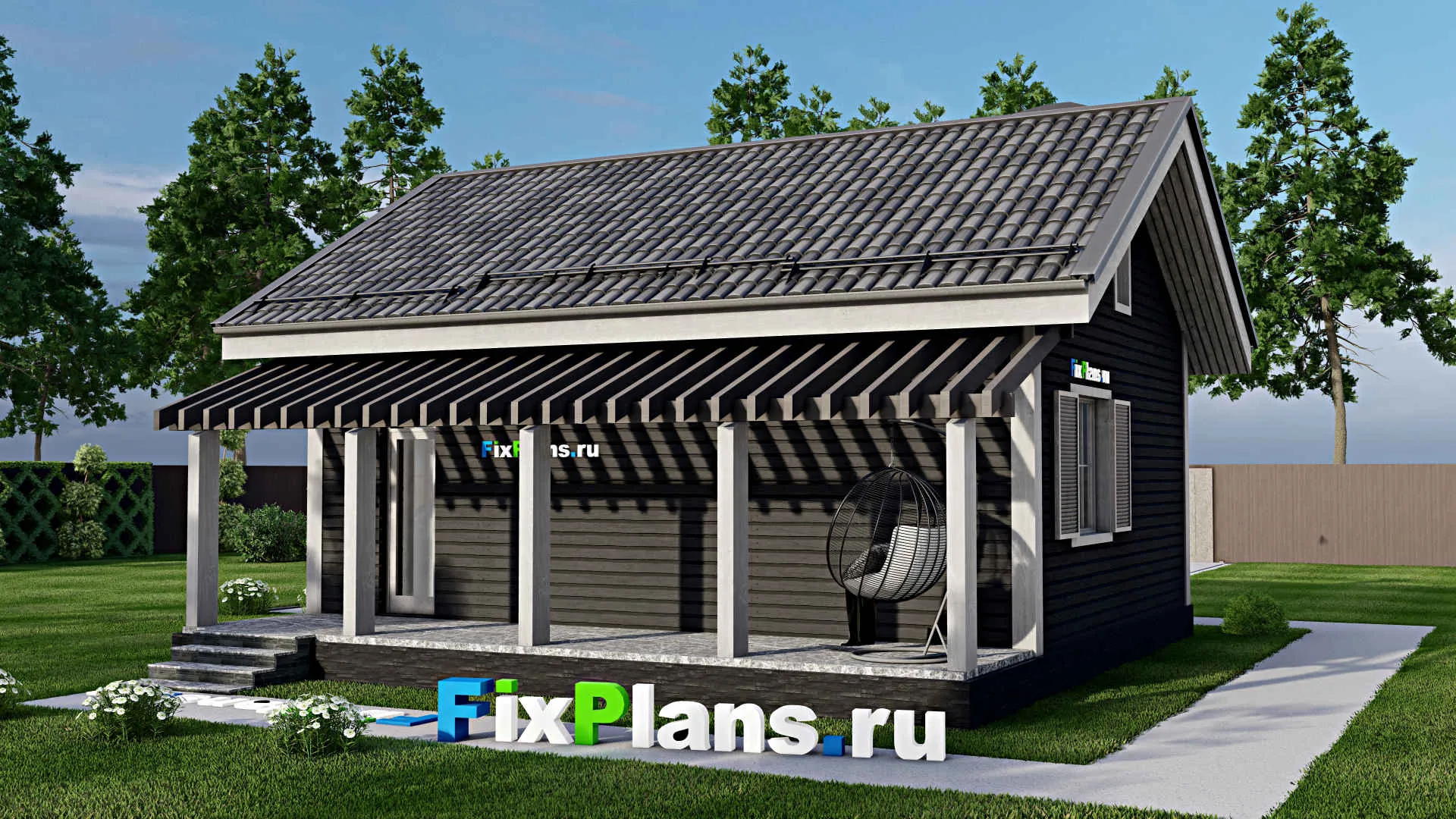 F-9179 - Проект одноэтажного дома 9 на 11, площадью 70 м² с террасой и 1 спальнями