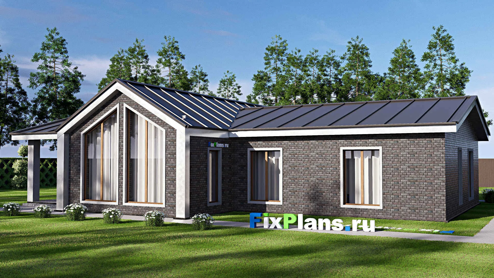 F-18494 - Проект одноэтажного дома 14 на 20, площадью 180 м² с террасой, баней и 2 спальнями