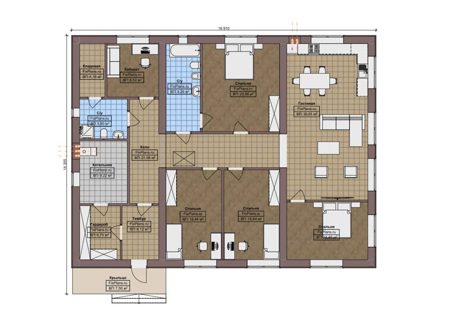 F-9872 - План одноэтажного дома 15 на 17, площадью 190 м² с 4 спальнями