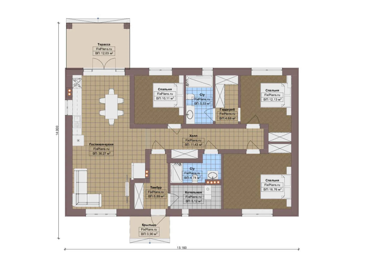 F-14390 - План одноэтажного дома 14 на 16, площадью 130 м² с террасой и 3 спальнями