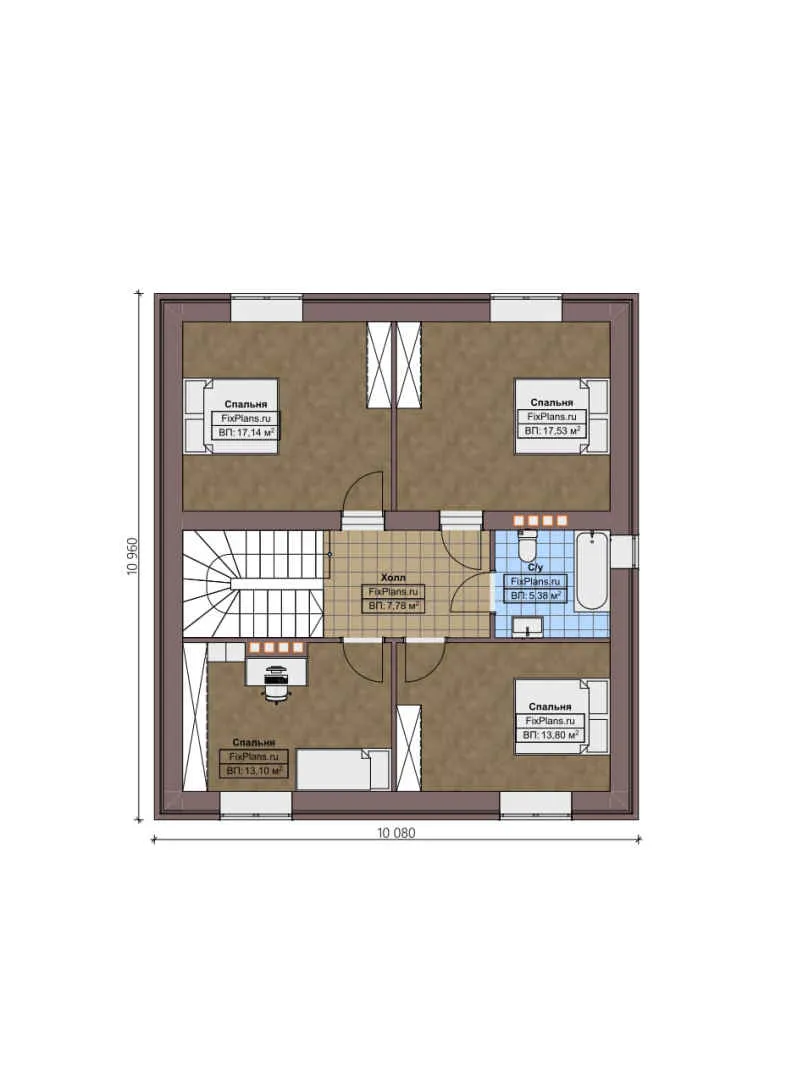 F-4202 - Планы двухэтажного дома 11 на 11, площадью 200 м² с террасой и 5 спальнями